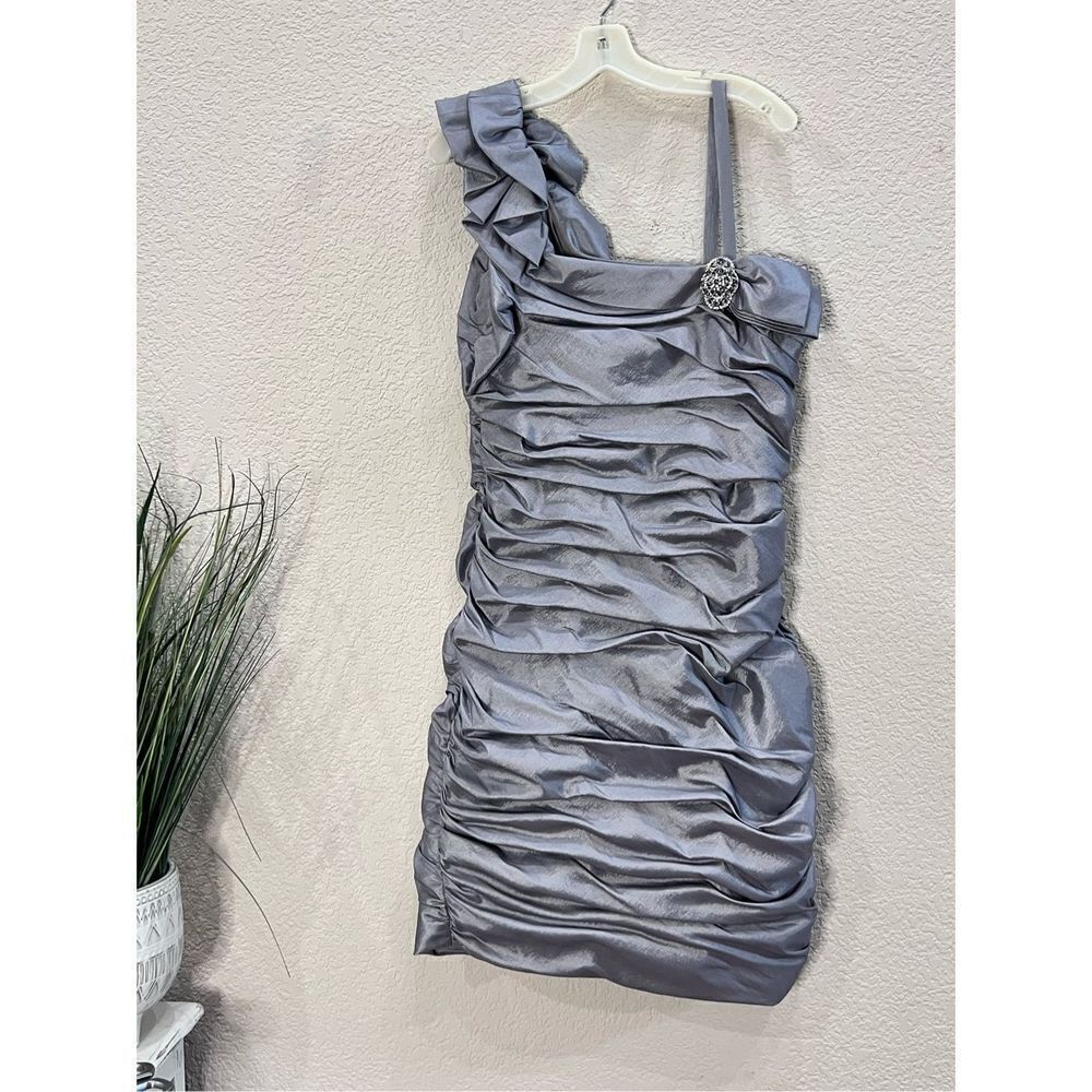 KM Collections by Milla Bella Silver matte one shoulder gathered mini dress sz12